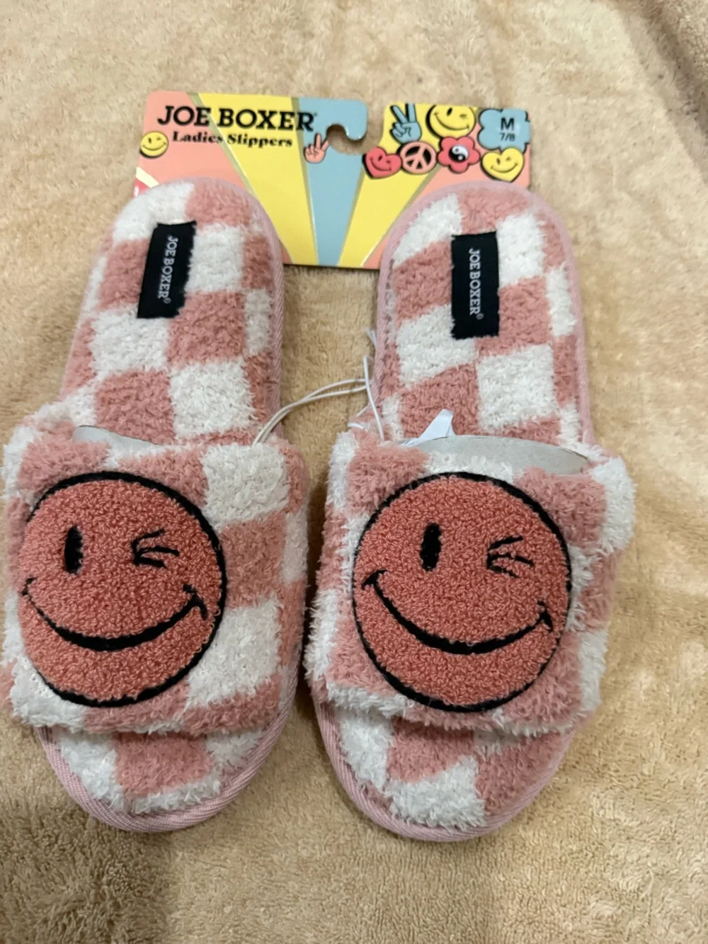 Joe Boxer Pink & White Check Plush Slide Slippers with Smiley Face